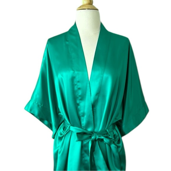 Vintage Jennifer Moore Satin Emerald Green Kimono Topper Robe, One Size - Picture 3 of 14
